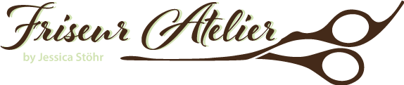 Friseur Atelier by Jessica Stöhr - Wo Haare Herzenssache sind. Für jeden einzigartig, für alle perfekt – Stil und Spaß für die ganze Familie. - Logo Schere mit Schriftzug in dunkelbraun - mint